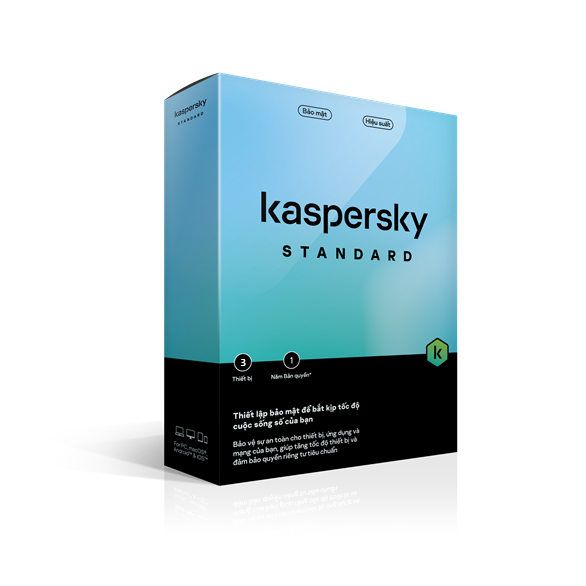 Bản quyền KASPERSKY STANDARD 3PC/12T Box NTS (Thay thế ANTIVIRUS, Chống virus trong thời gian thực, Duyệt Web an toàn, Tường lửa và giám sát mạng, Windows, macOS)