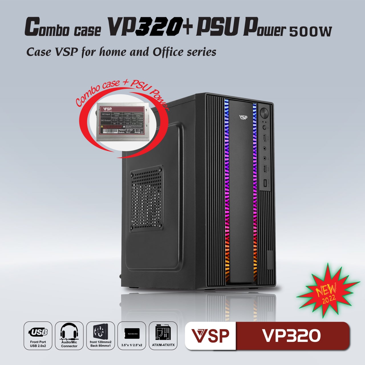 Bộ Case Nguồn VSP VP320 (Case mATX / Nguồn 200W, 300x165x350mm, Mặt trước có sẵn led RGB, Fan đuôi 1x80mm ko kèm, Fan trước 2x120mm ko kèm)
