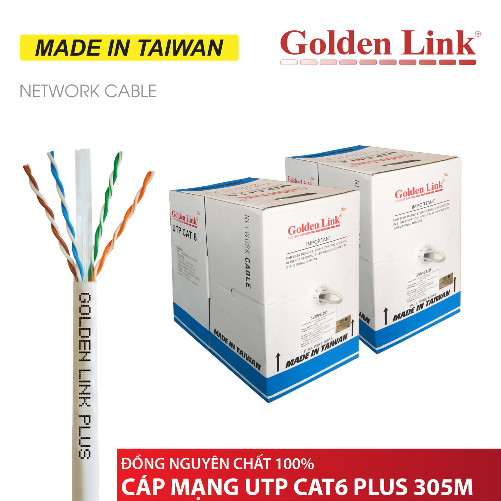 Cable LAN GOLDEN TAIWAN PLUS UTP CAT6 305m Xám trắng (Lõi chữ thập, Đồng nguyên chất)