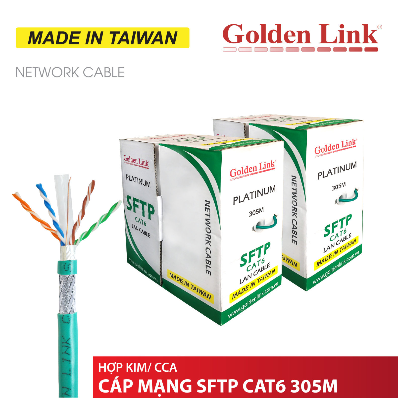 Cable LAN GOLDEN TAIWAN SFTP CAT6 305m Xanh lá (Chống nhiễu 2 lớp, Lõi chữ thập, Sợi cường lực đơn, Nhôm mạ đồng)