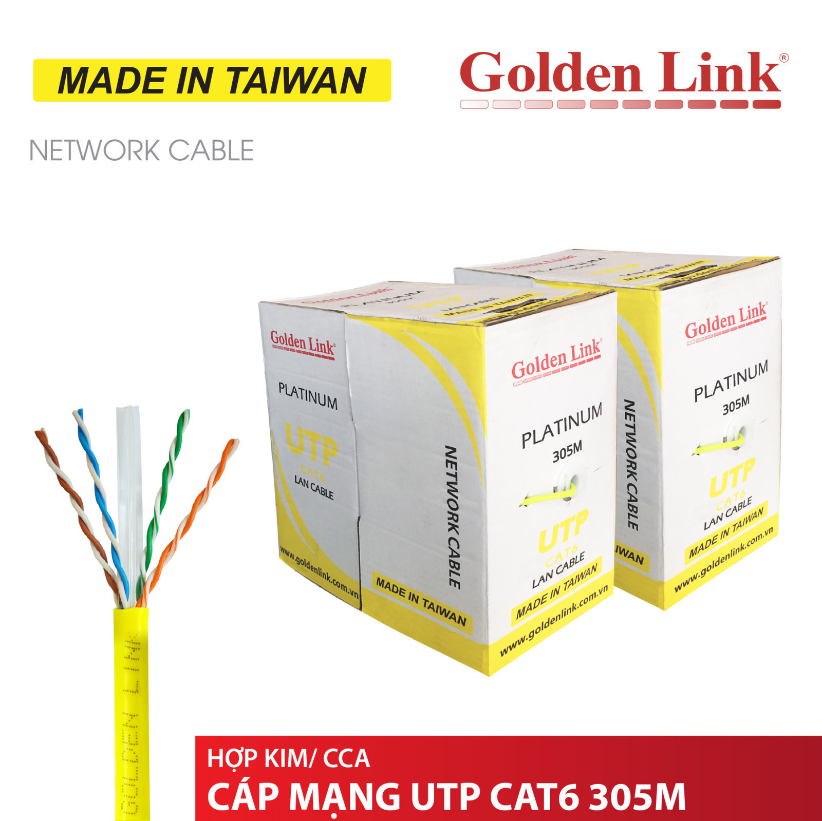 Cable LAN GOLDEN TAIWAN UTP CAT6 305m Vàng (Lõi chữ thập, Nhôm mạ đồng)