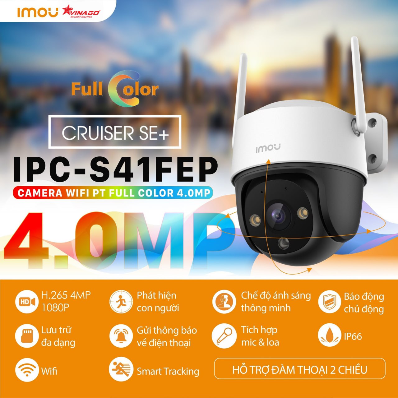 Camera IP Wifi IMOU Cruiser SE+ IPC-S41FEP 4MP Xoay Ngoài trời Chính hãng (355°-90°, 2560x1440, 3.6mm, H.265, Đàm thoại 2 chiều, Đèn báo động, Có màu ban đêm, có LAN, Kèm nguồn 12V)