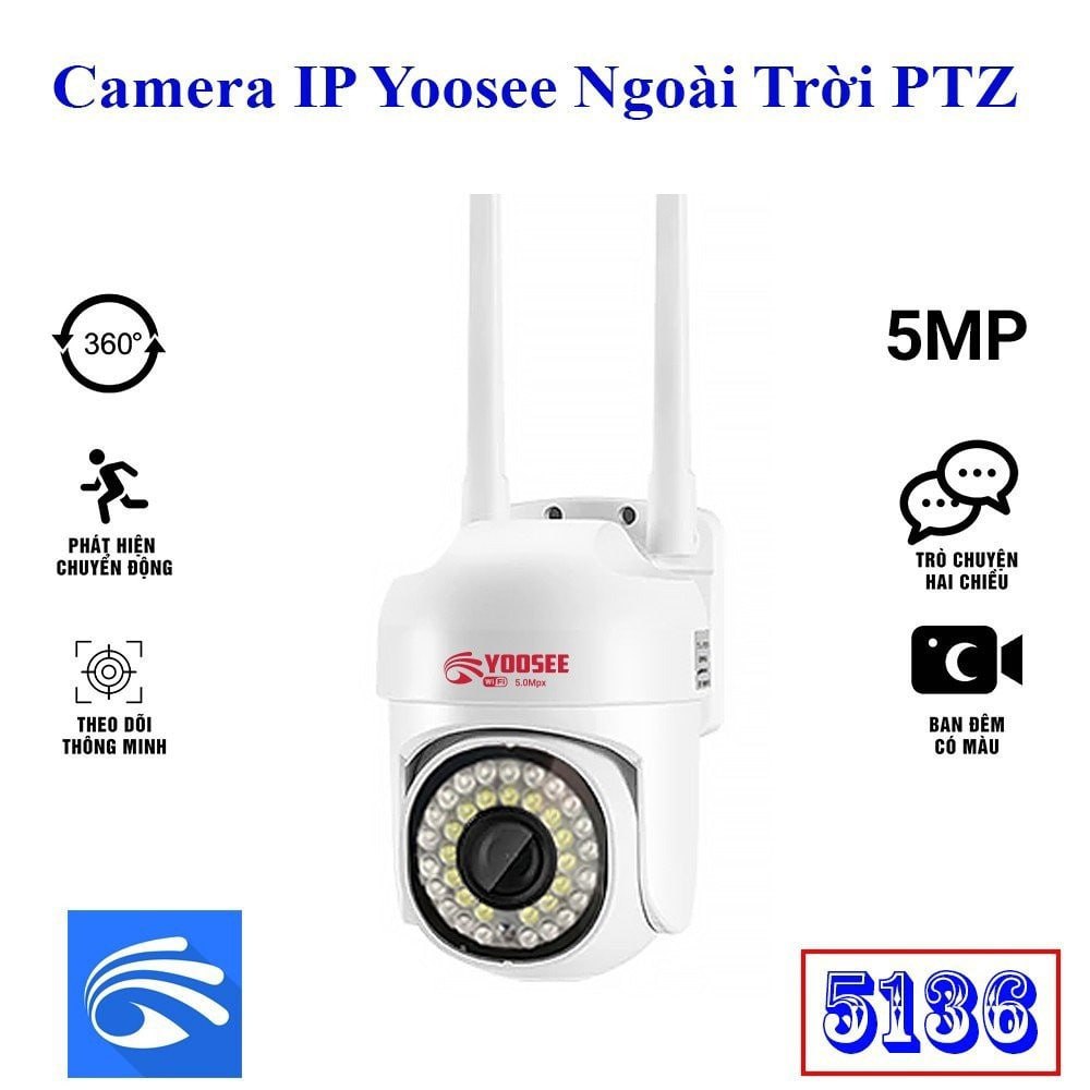Camera IP Wifi YOOSEE PTZ 5136 (PTZ 28 LED) 2MP Xoay Ngoài trời (355°-90°, 1920x1080, 2 Anten, Logo 5.0, Đàm thoại 2 chiều, Có màu ban đêm, Kèm nguồn 12V)