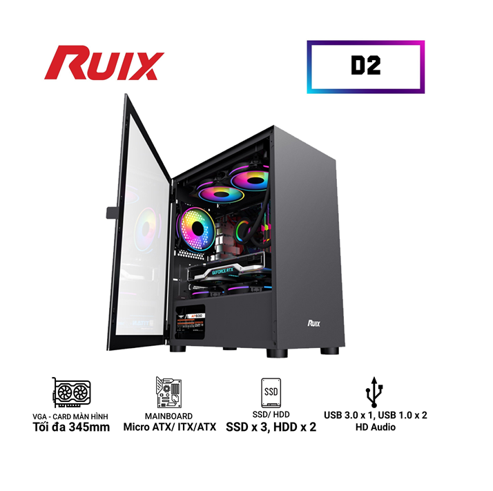 Case RUIX D2 Black (350x210x415mm, Mặt Kính Cường Lực)