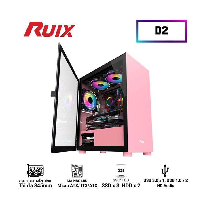 Case RUIX D2 Pink (350x210x415mm, Mặt Kính Cường Lực)