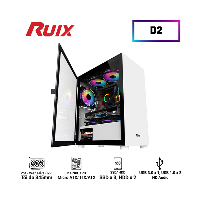 Case RUIX D2 White (350x210x415mm, Mặt Kính Cường Lực)