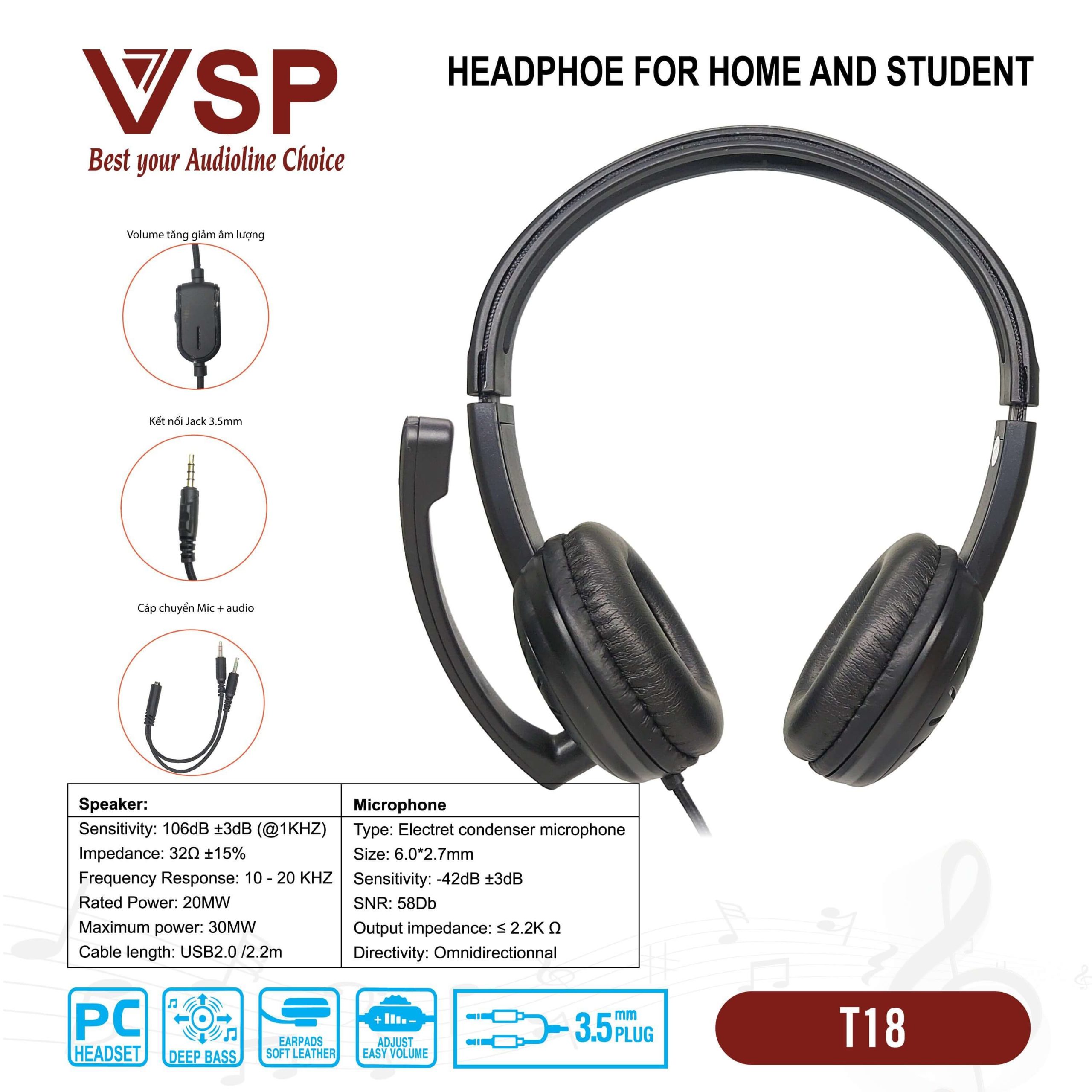 Headphone VSP T18 Box (1 jack 3.5mm TRRS Headset, Kèm cáp gộp audio)