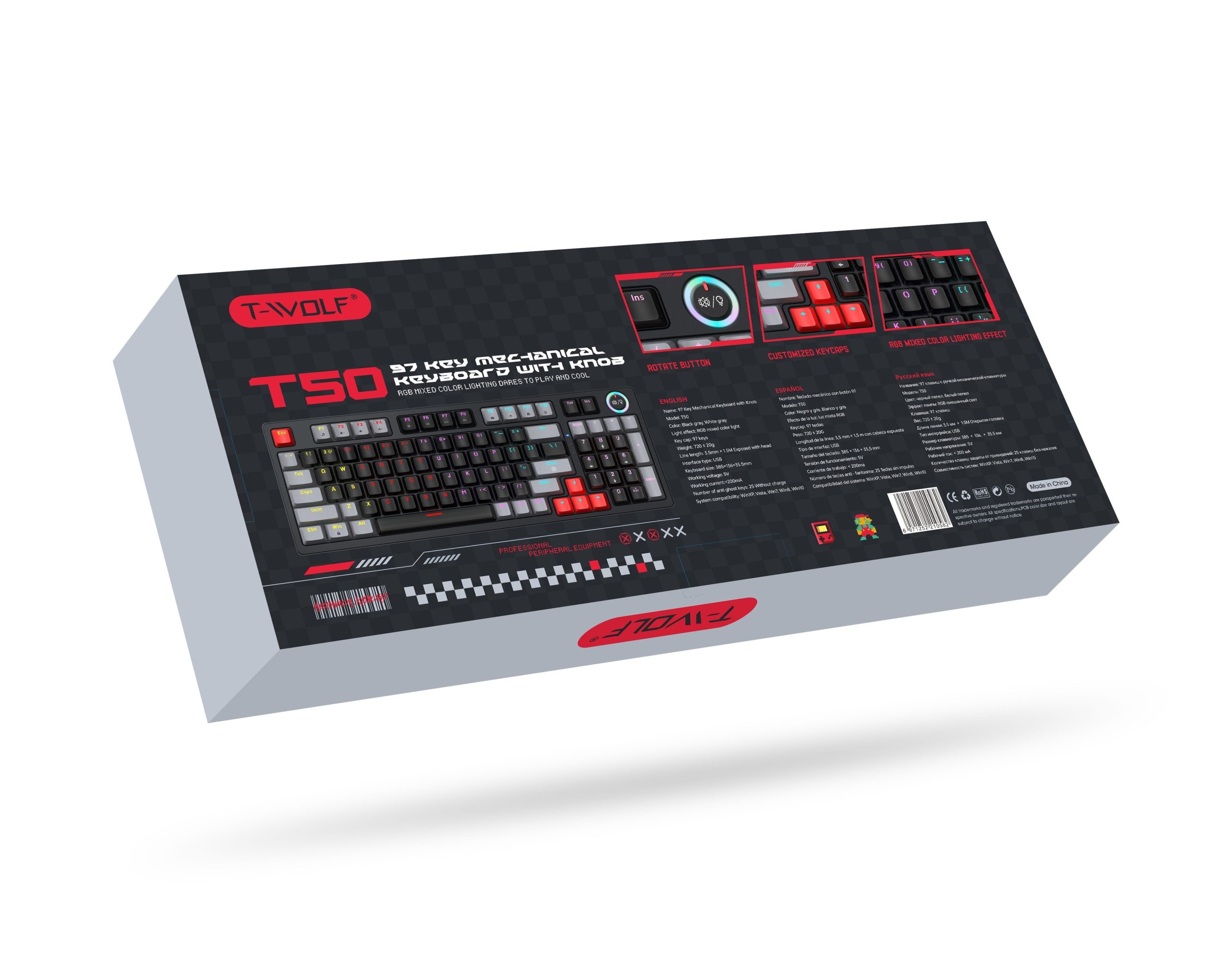 Keyboard T-WOLF T50 Black Chính hãng (Phím cơ, 97 key, Blue Switch, 22 chế độ LED)
