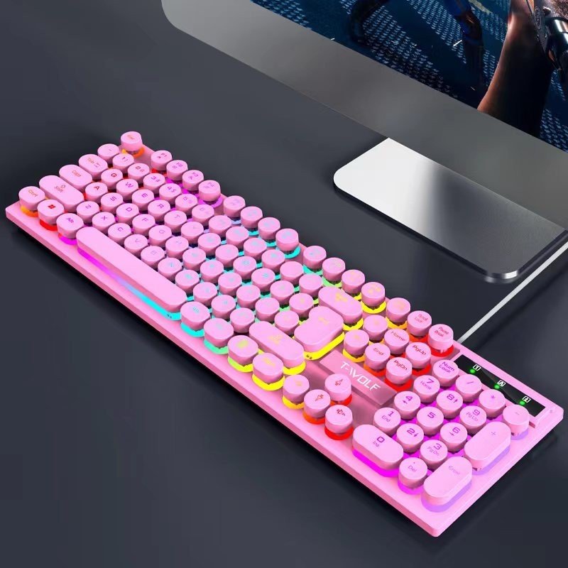 Keyboard T-WOLF T80 Pink USB LED (Giả cơ, Phím tròn)