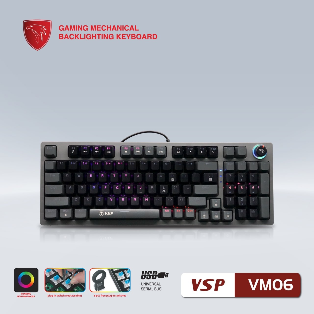 Keyboard VSP VM06 Black Grey USB Chính hãng (Phím cơ, Blue switch, LED RGB, Hotswap)