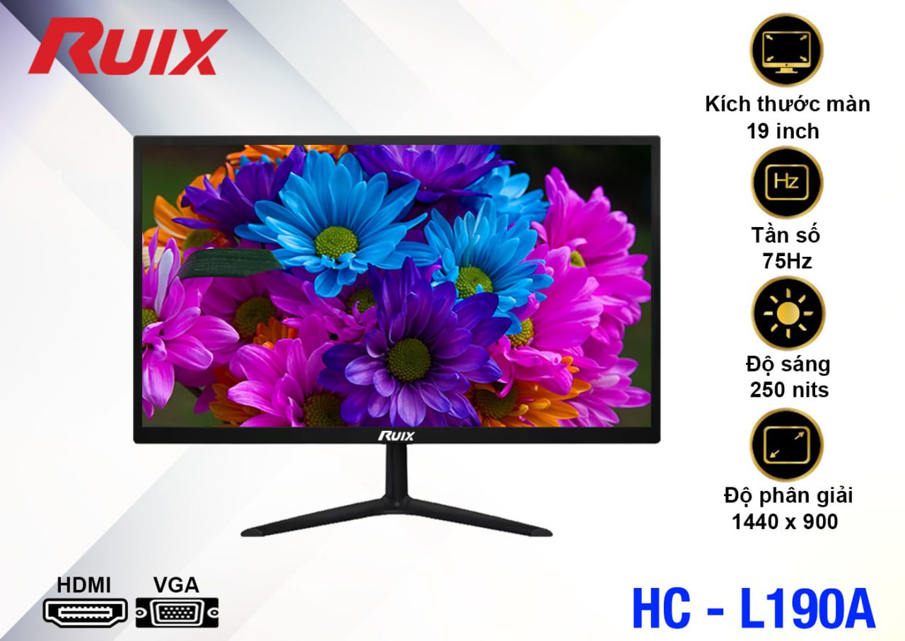 LCD 19” RUIX HC-L190A Black Chính hãng (TN - VGA, HDMI, 1440x900, 75Hz, Kèm cáp HDMI, Dây nguồn 3.5m)