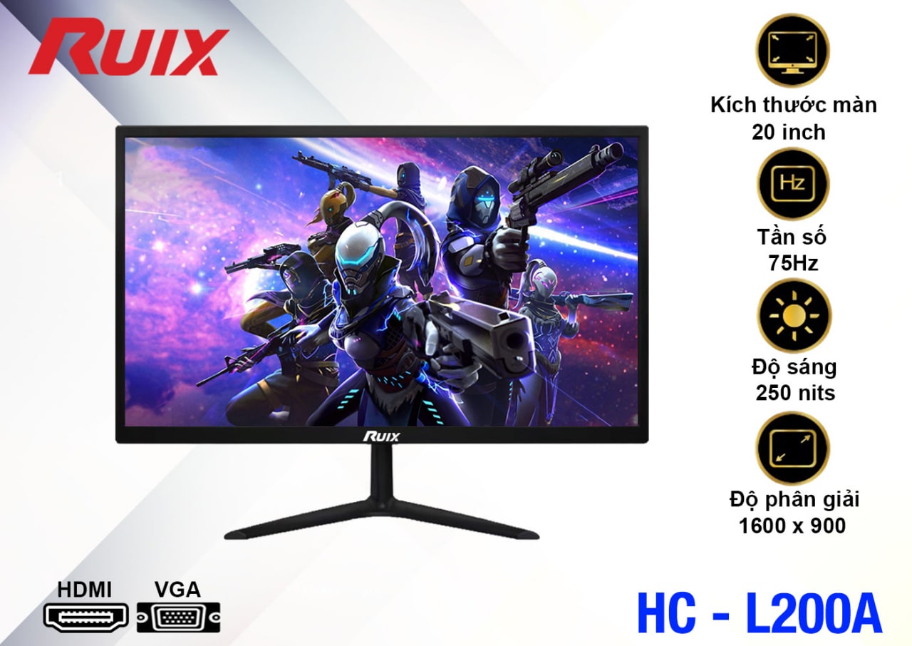 LCD 20” RUIX HC-L200A Black Chính hãng (TN - VGA, HDMI, 1600x900, 75Hz, Kèm cáp HDMI, Dây nguồn 3.5m)