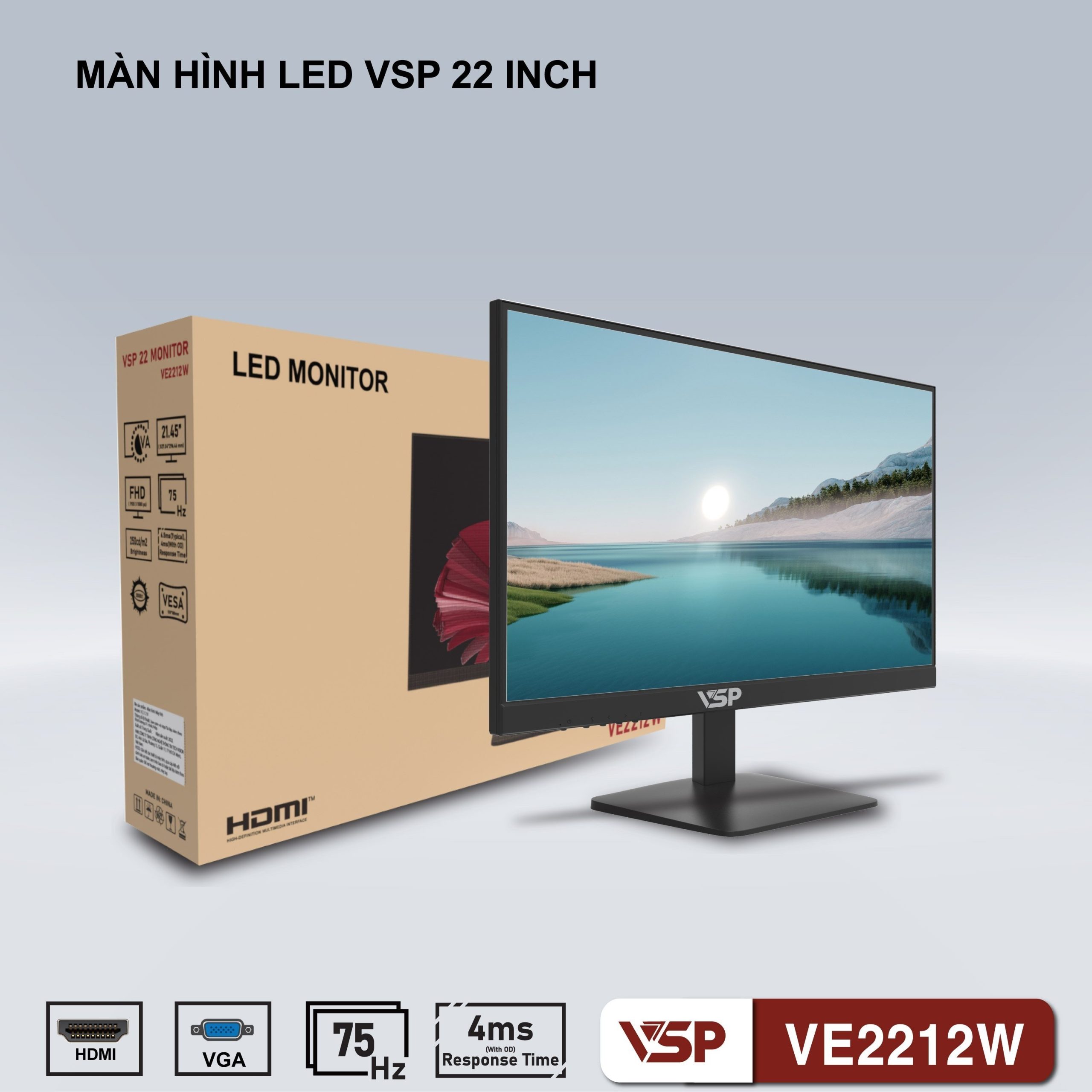 LCD 21.45'' VSP VE2212W Black Chính hãng (VA - VGA, HDMI, 1920x1080, 75Hz, 3 cạnh viền mỏng, Kèm cáp VGA, Treo tường) +   Tặng Headphone GH-X1