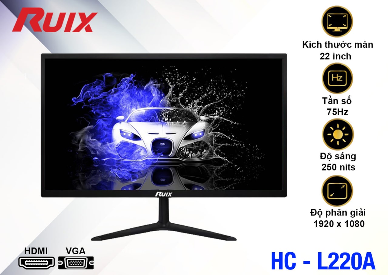 LCD 22” RUIX HC-L220A Black Chính hãng (TN - VGA, HDMI, 1920x1080, 75Hz, Kèm cáp HDMI, Dây nguồn 3.5m, Treo tường) + Tặng Headphone 7.1 AAP HD-480 + Tặng Webcam kẹp có mic màu đen (720p)