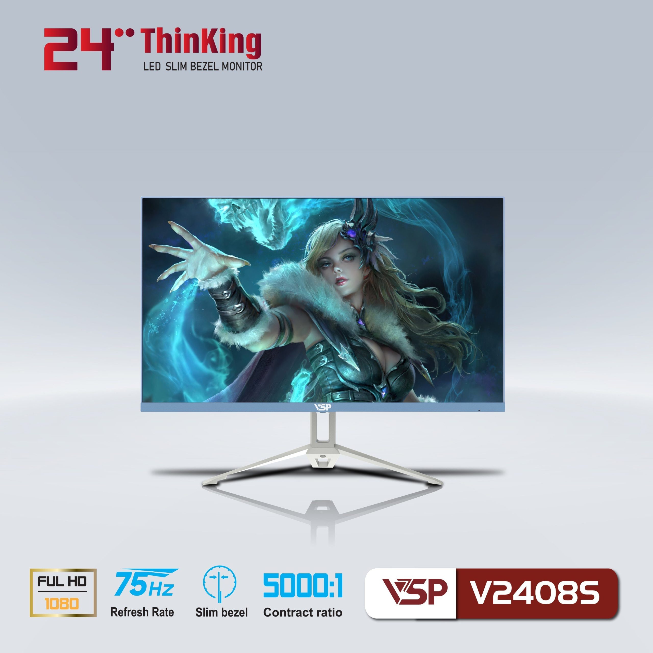 LCD 23.8'' VSP V2408S Chính hãng Blue (VA - VGA, HDMI, 1920x1080, 75Hz, 3 cạnh viền mỏng, Kèm cáp HDMI, Treo tường) + Tặng Headphone GH-X1