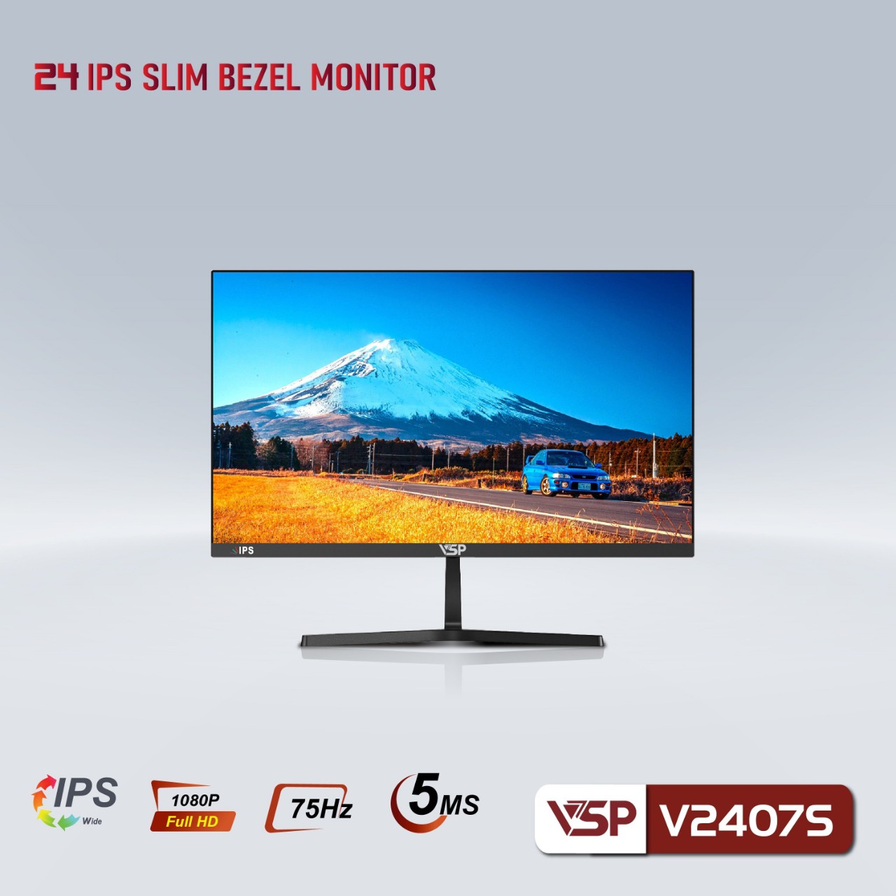 LCD 23.8'' VSP V2407S Chính hãng (IPS - VGA, HDMI, 1920x1080, 75Hz, 3 cạnh viền mỏng, Kèm cáp HDMI, Treo tường) + Tặng Mouse ko dây VISION Q1