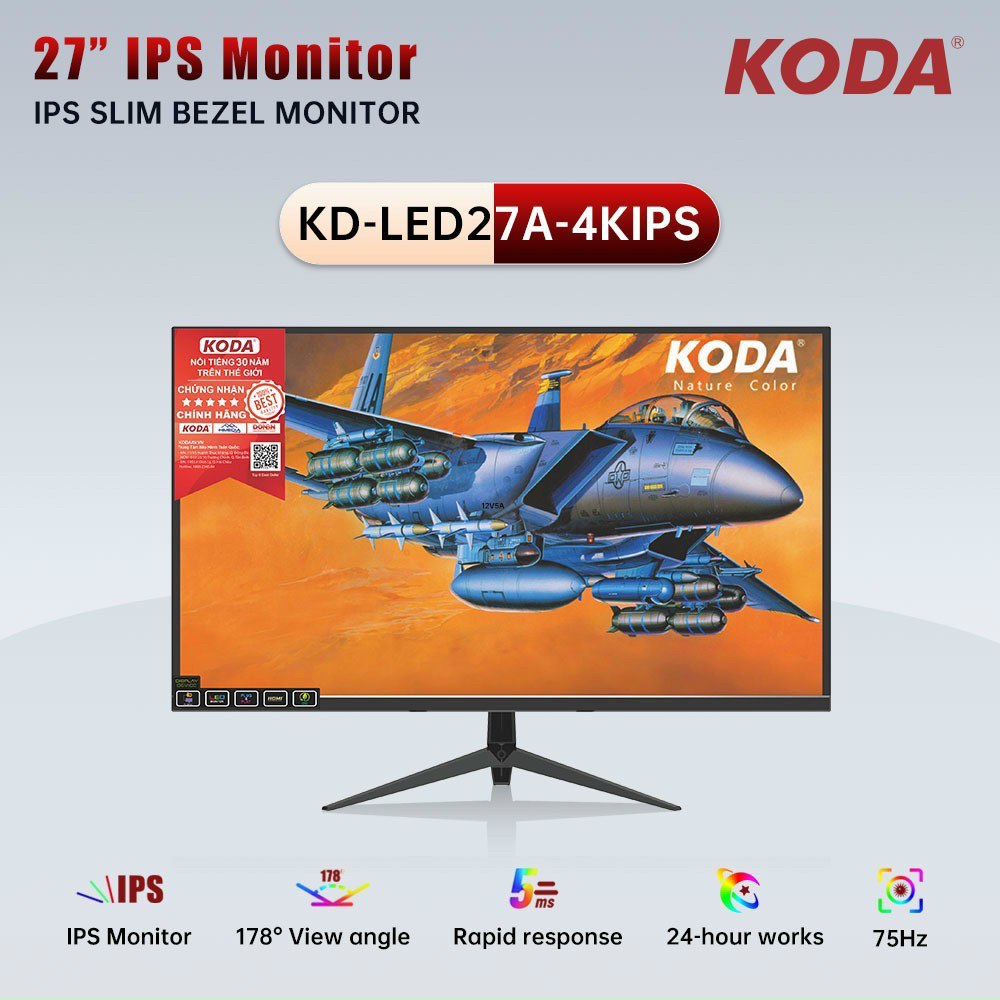 LCD 27' KODA KD-LED27A-4KIPS (IPS - VGA, HDMI, 1920x1080, 75Hz, 3 cạnh viền mỏng, Kèm cáp HDMI, Treo tường, Chuyên đồ họa)