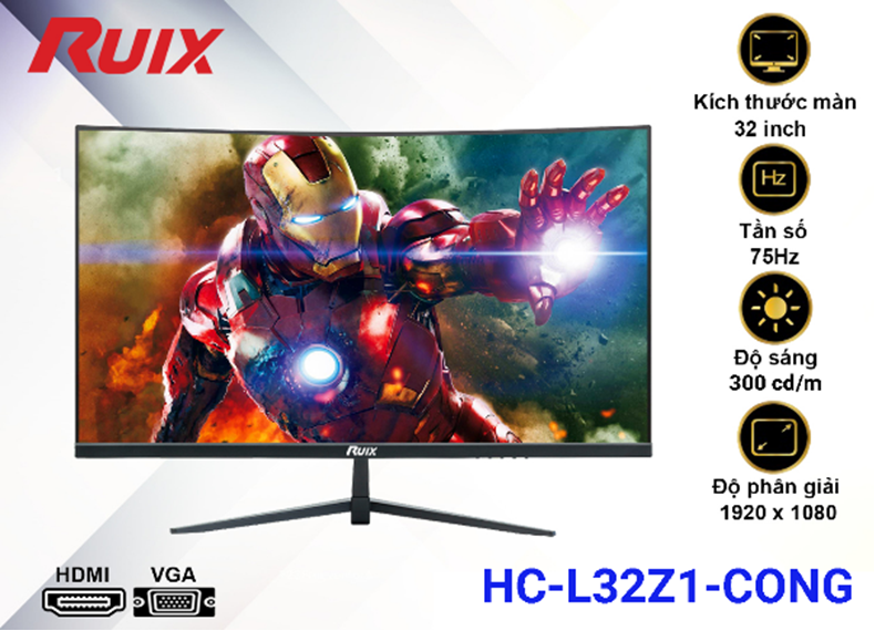 LCD 32” Cong RUIX HC-L32Z1 Chính hãng (IPS - VGA, HDMI, 1920x1080, 75Hz, 3 cạnh viền mỏng, Kèm cáp HDMI, Dây nguồn 3.5m)+ Tặng Headphone 7.1 AAP 480 + Tặng Webcam