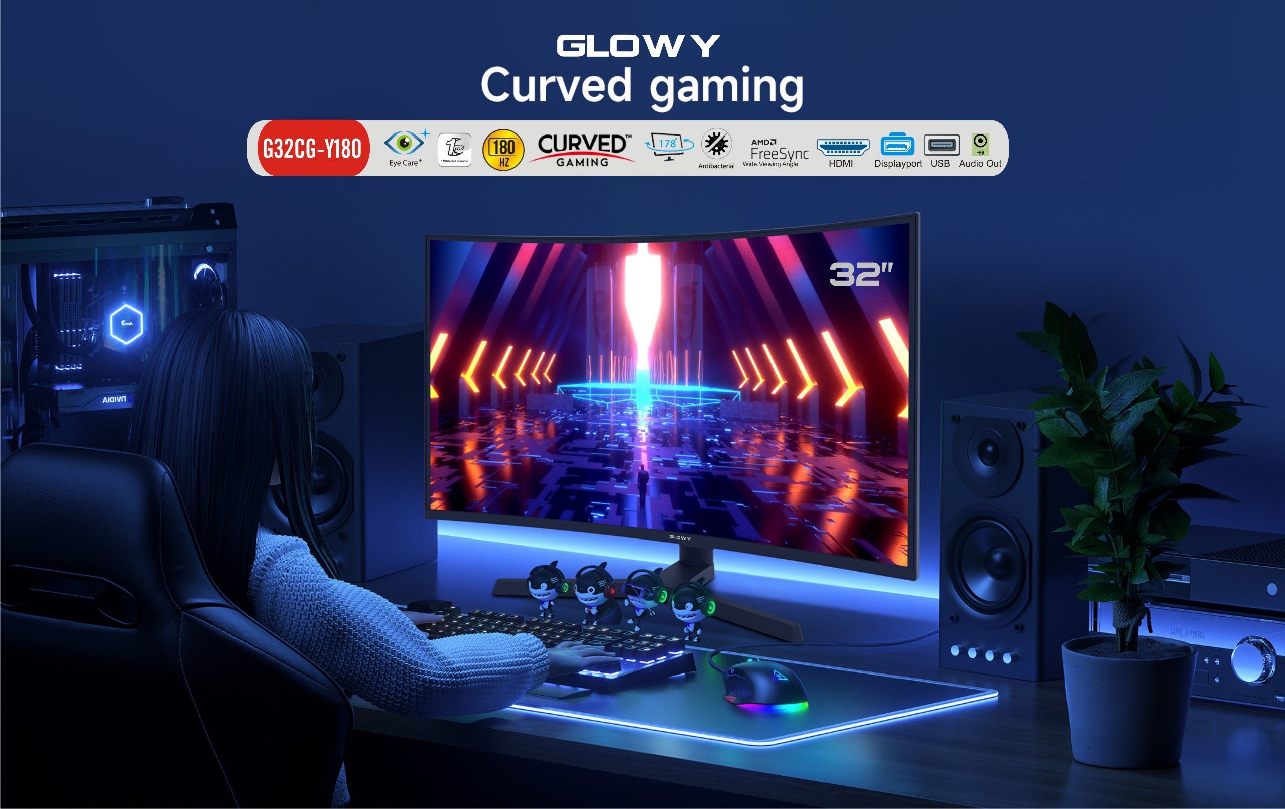 LCD 32' GLOWAY G32CG-Y180 Màn hình cong Chính hãng (IPS - HDMI, DP, 1920x1080, 180Hz, 3 cạnh viền mỏng, Kèm cáp DP, Treo tường, Chuyên Game)