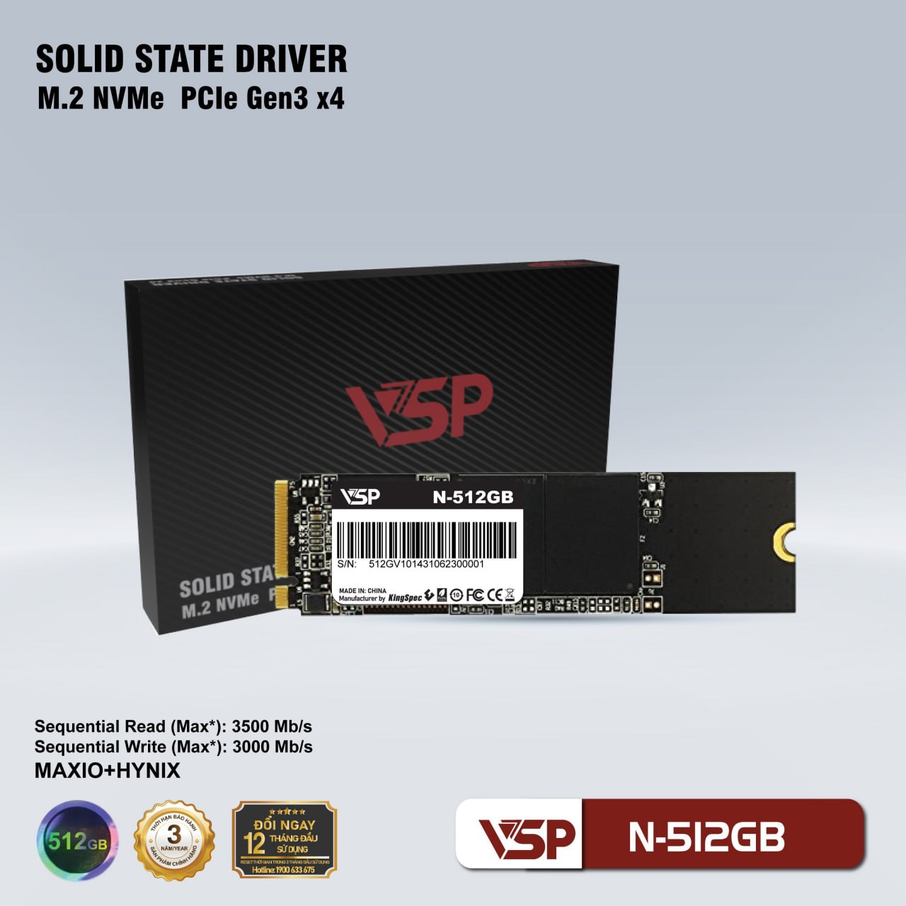 SSD M.2 PCIe 512G VSP NVMe Gen3x4 (3500MB/s - 3000MB/s) Chính hãng