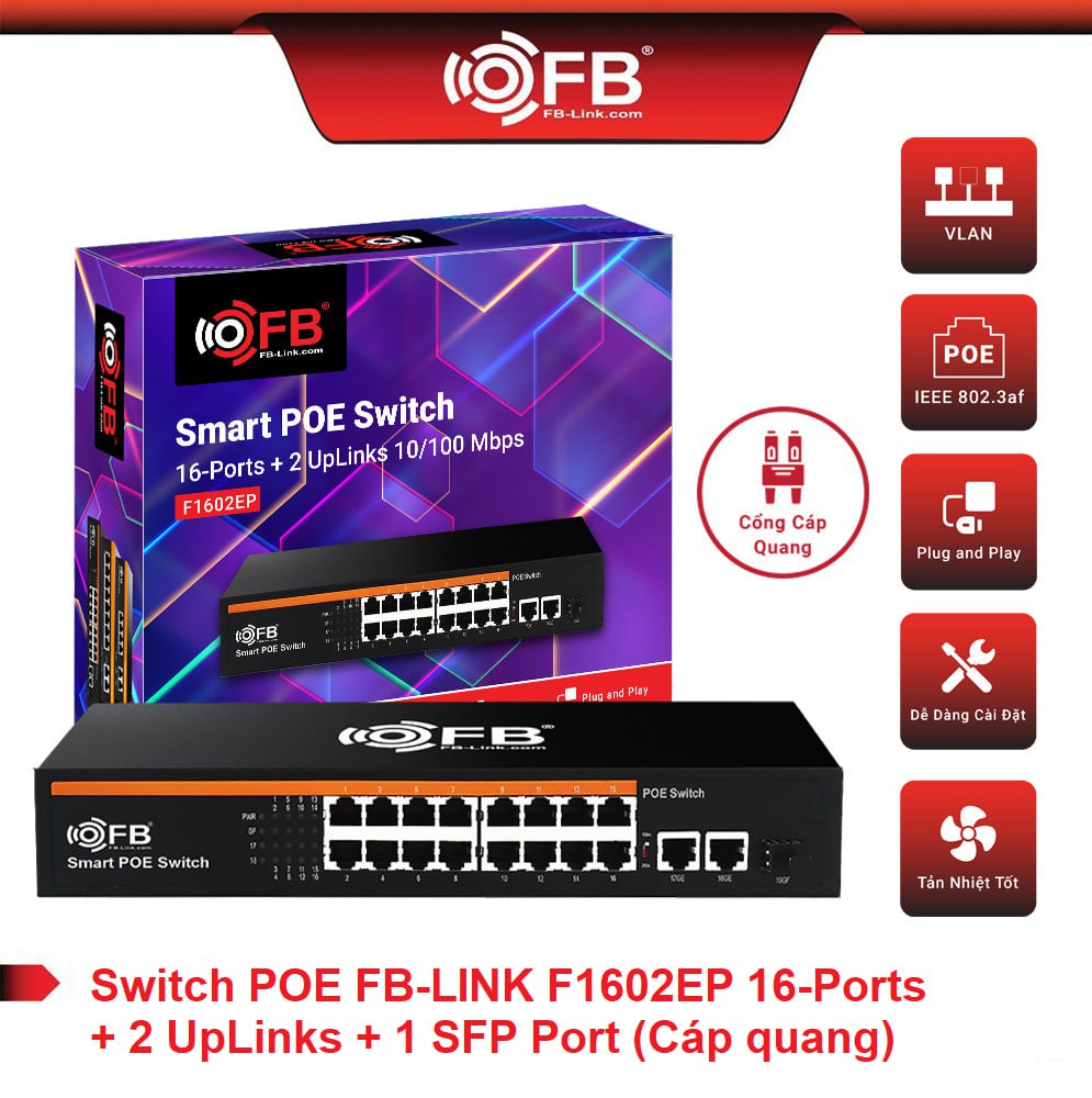 Switch PoE FB-Link F1602EP 16 port Chính hãng (16 port PoE 100Mbps + 2 port Uplinks 1000Mbps RJ45 + 1port SFP 1.25G, Tối đa 250m, 48V-52V, 250W)