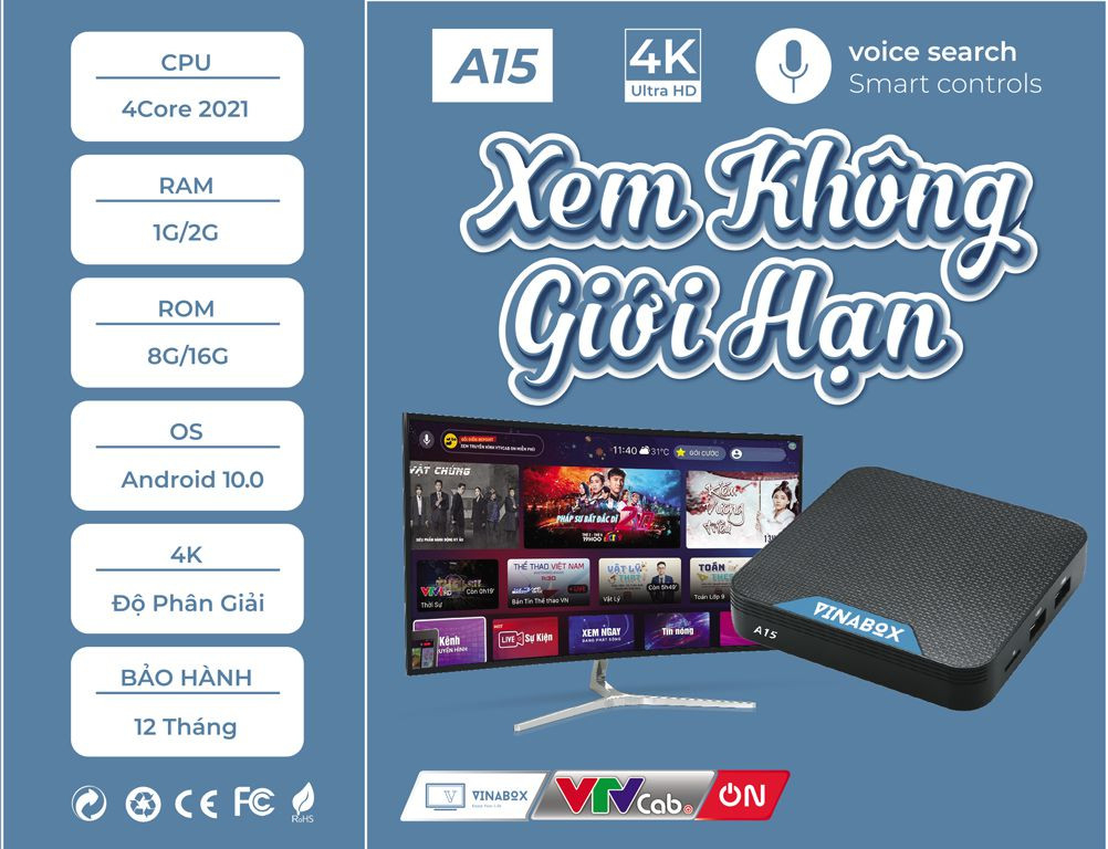 TV BOX VINABOX A15 Black 2021 Chính hãng (RAM 2G, ROM 16G, Android 10.0, HDMI, LAN, Wifi, không sử dụng được phần mềm xem camera)
