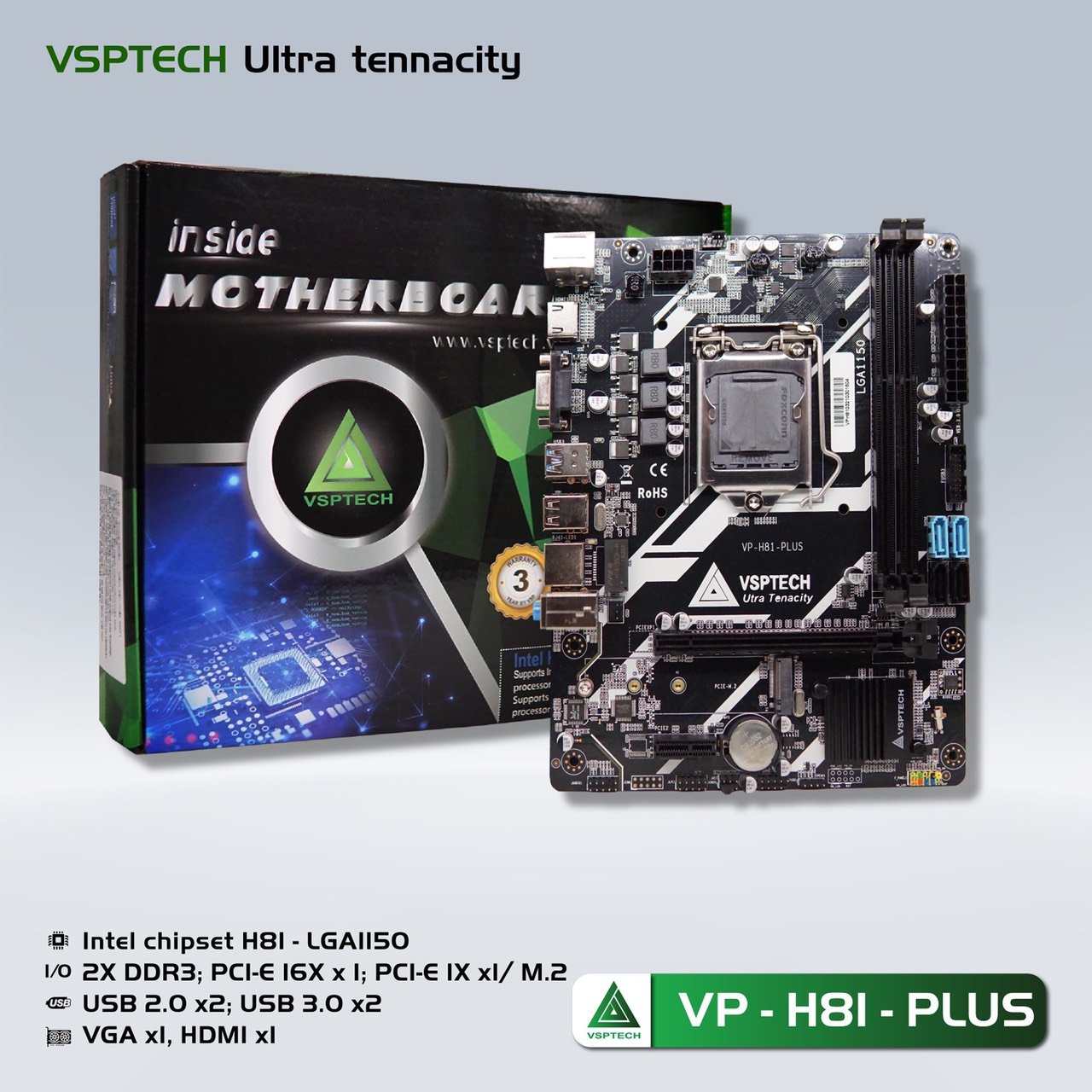 Mainboard SK 1150 VSPTECH VP-H81-PLUS Chính hãng (VGA, HDMI, M.2 PCIe/NVMe, LAN 1000Mbps, 2 khe RAM DDR3, mATX)