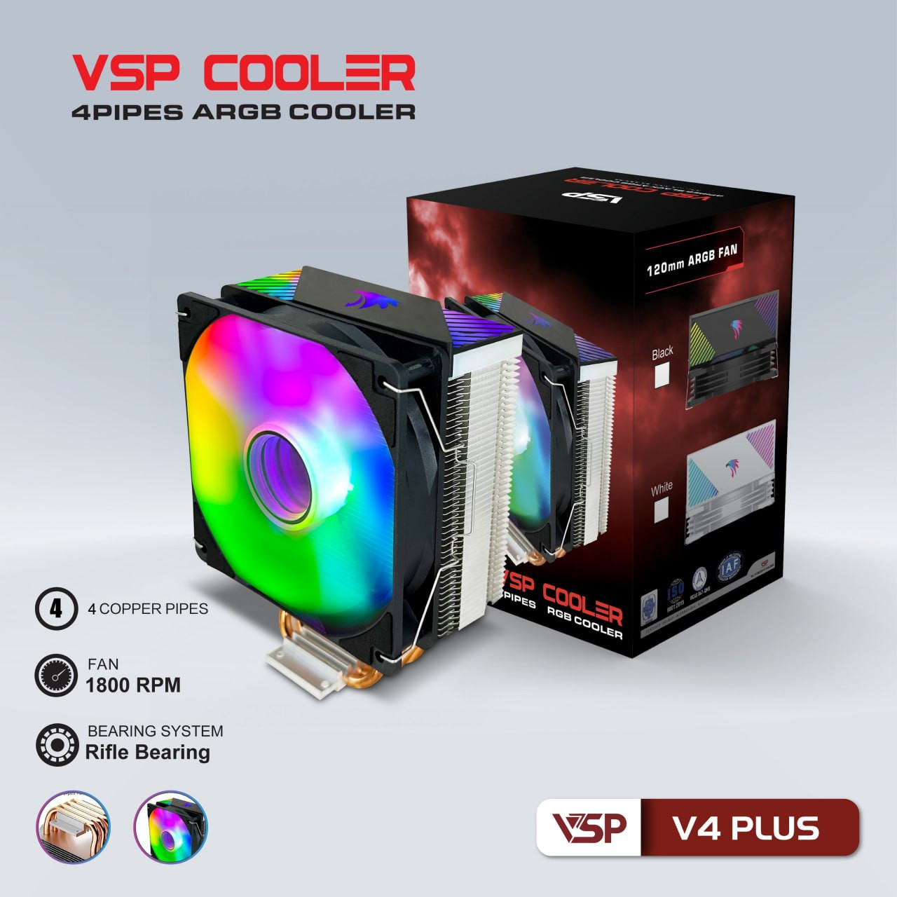 Tản nhiệt khí CPU 4 ống đồng VSP Cooler V4 Plus 1 fan 12cm RGB Black (115x/1200/1366/1700/AM3/AM4/AM5)