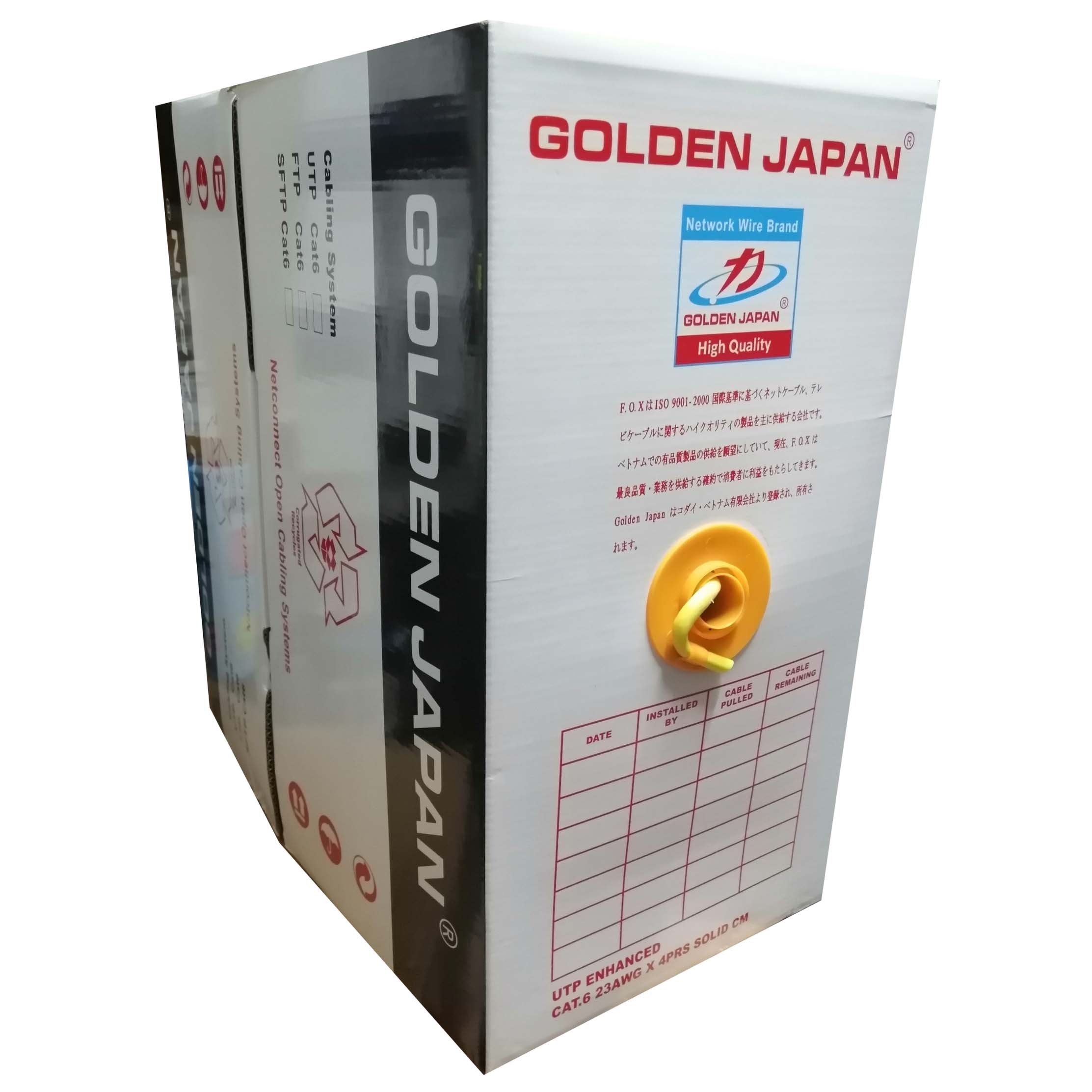 Cable LAN GOLDEN JAPAN SFTP CAT6 305m Vàng (Chống nhiễu 2 lớp, Lõi chữ thập, Sợi cường lực đơn, Nhôm mạ đồng)(THAY THẾ CHO GOLDEN TAIWAN SFTP CAT6 305m Xanh lá)
