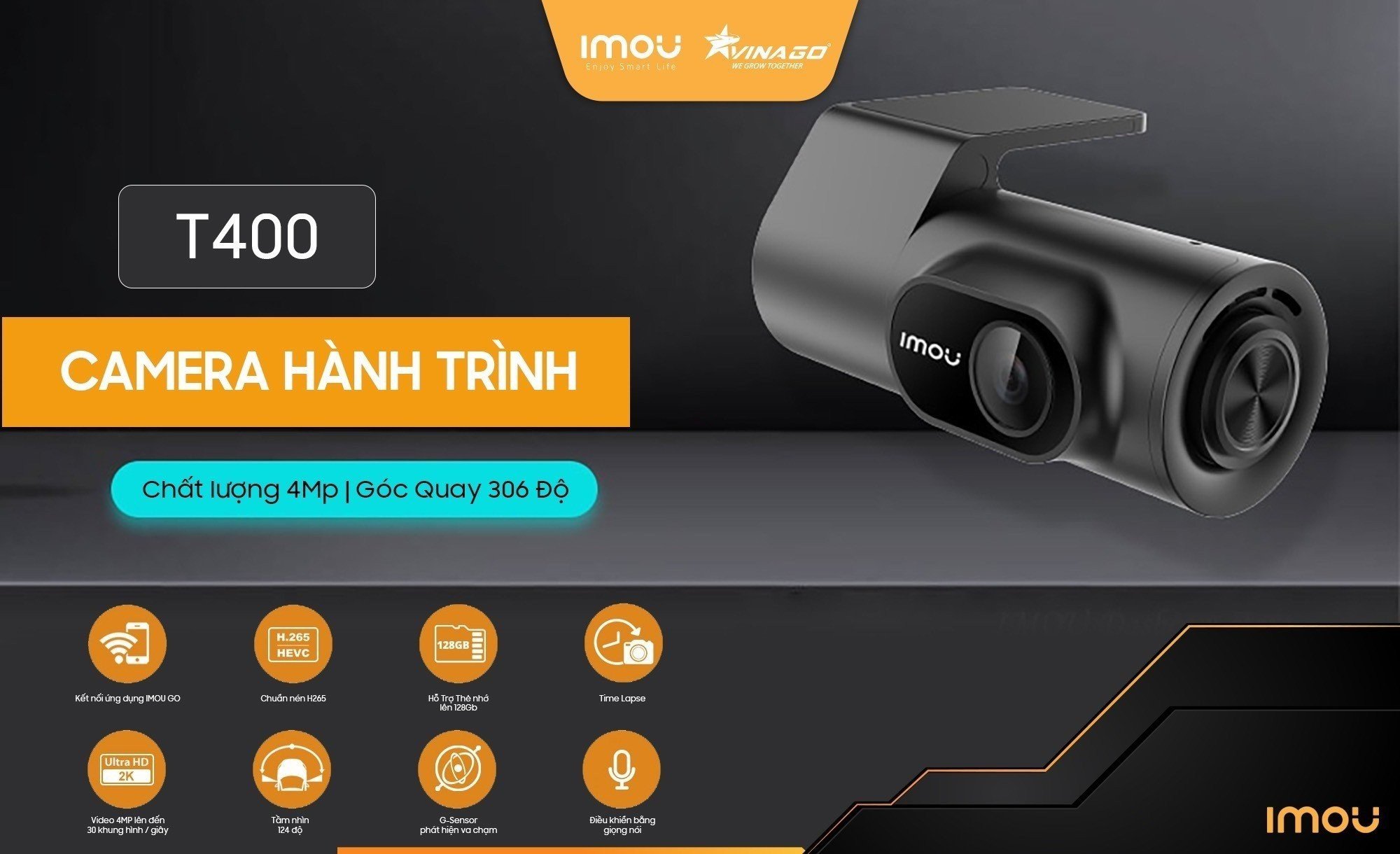 Camera Hành trình xe hơi IMOU T400 (Điều khiển bằng giọng nói Tiếng Anh, Độ phân giải 4MP, Hỗ trở thẻ 128GB,  App IMOU GO)(THAY THẾ CHO MOU T200 )