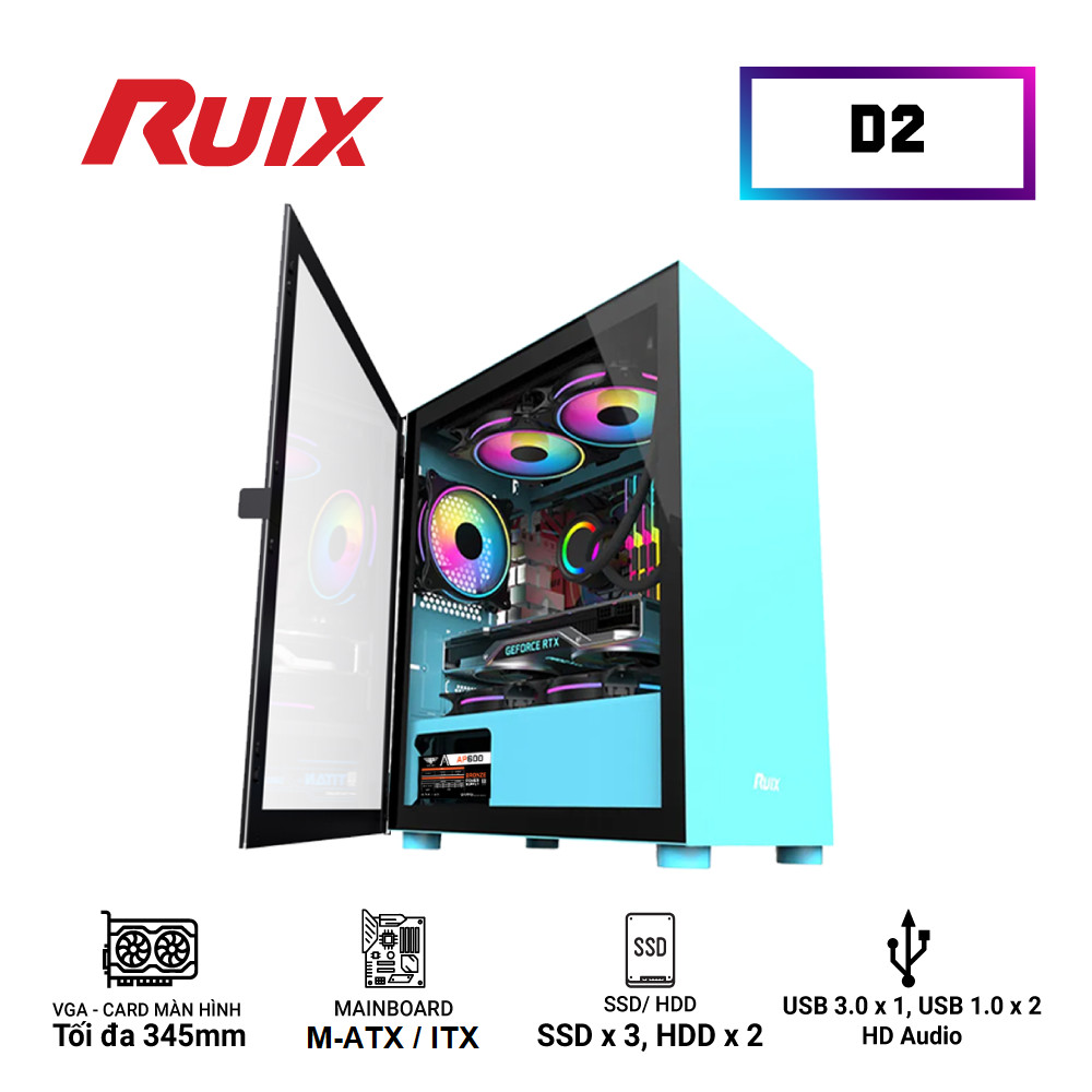 Case RUIX D2 Blue (350x210x415mm, mặt kính cường lực, Fan sau 1x120mm ko kèm, Fan trên 2x120mm ko kèm, Fan dưới 2x120mm ko kèm, 1xUSB3.0, 2xUSB2.0, 2xHDD, 2xSDD, Tản nước 120/240mm ko kèm Nguồn dưới dây dài)
