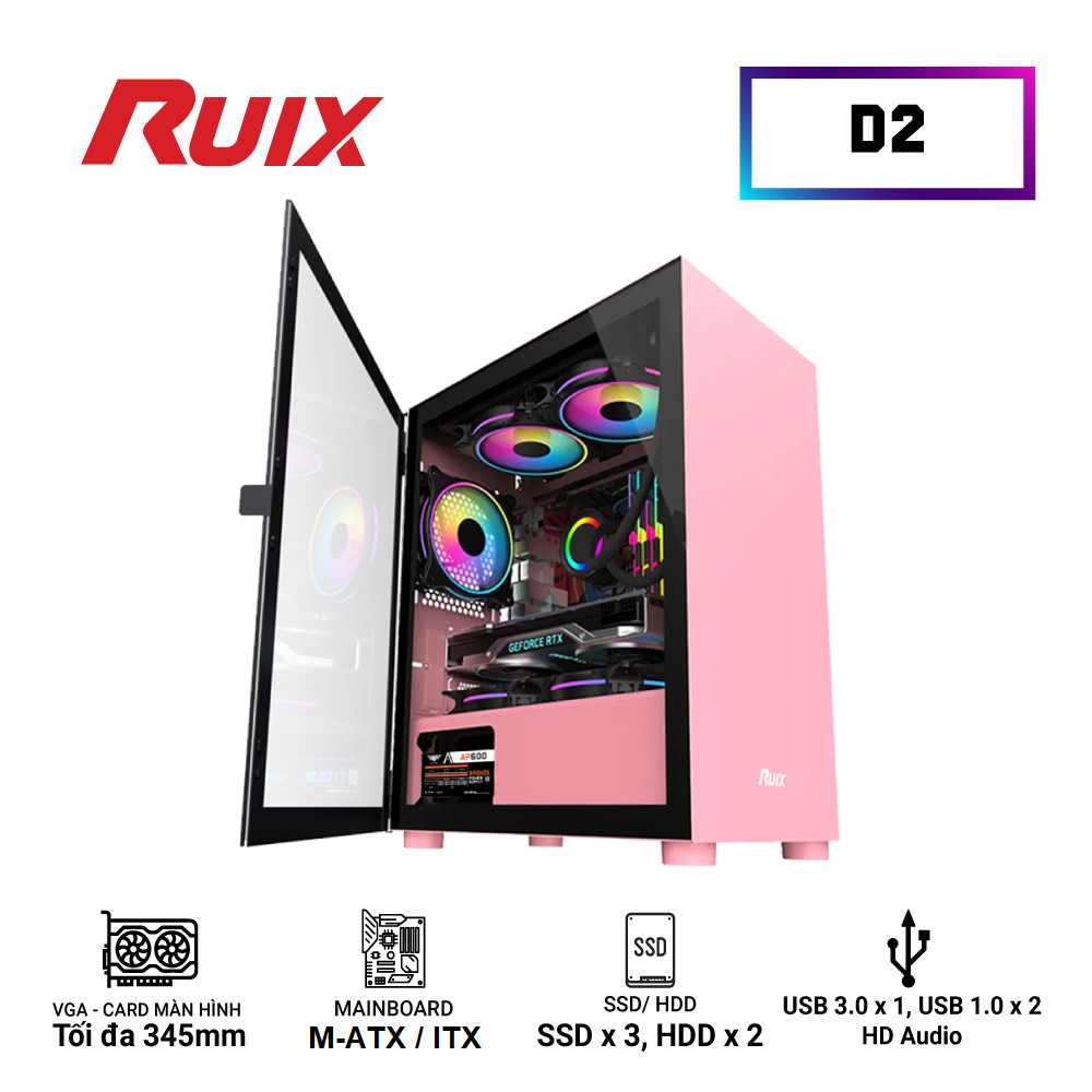 Case RUIX D2 Pink (350x210x415mm, mặt kính cường lực, Fan sau 1x120mm ko kèm, Fan trên 2x120mm ko kèm, Fan dưới 2x120mm ko kèm, 1xUSB3.0, 2xUSB2.0, 2xHDD, 2xSDD, Tản nước 120/240mm ko kèm Nguồn dưới dây dài)
