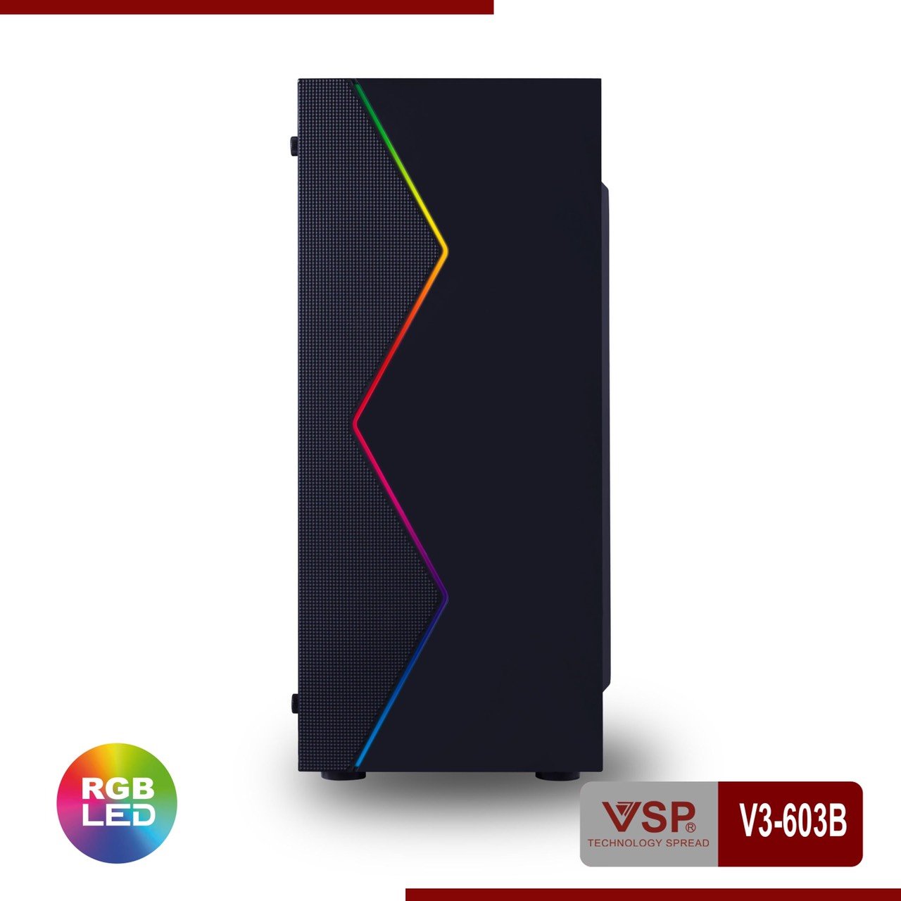 Case VSPTECH V3-603 Black (370x196x423mm, Dãy LED RGB, Hông trong suốt, Fan đuôi 8cm)