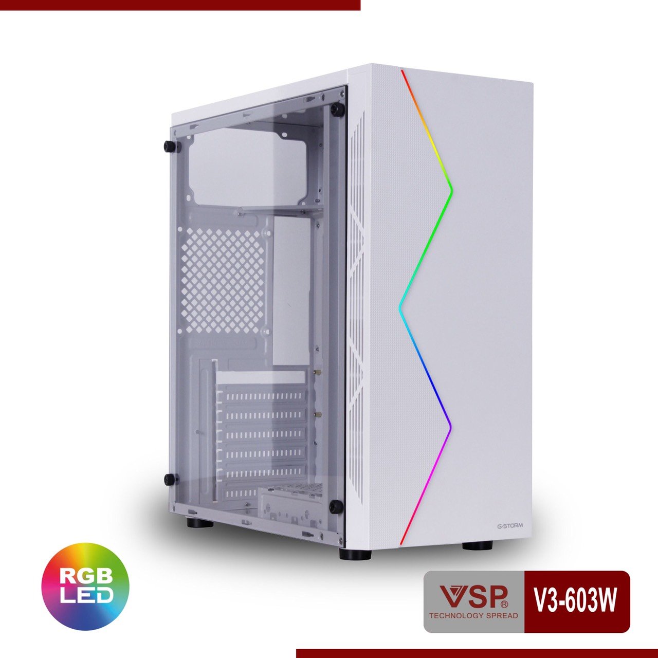 Case VSPTECH V3-603 White (370x196x423mm, Dãy LED RGB, Hông trong suốt, Fan đuôi 8cm)(THAY THẾ CHO V3-603 Pink TẠM HẾT)