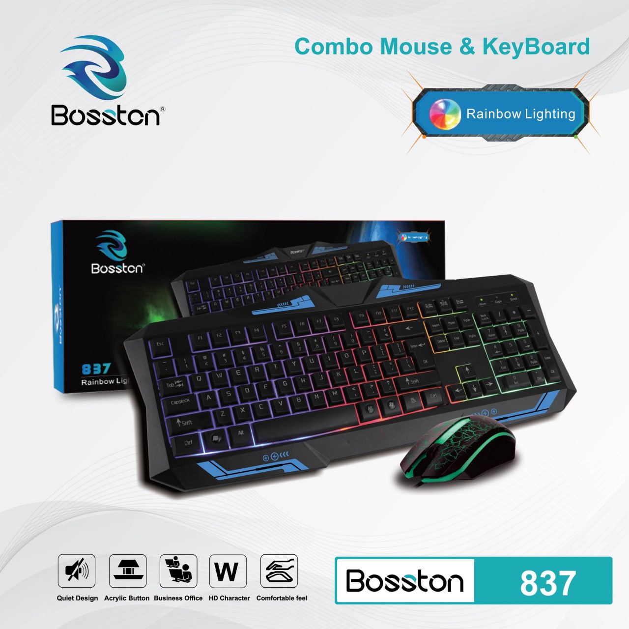 Combo Keyboard + Mouse BOSSTON 837 LED Chính hãng (THAY THẾ CHO BOSSTON D6800,  T-WOLF TF800)