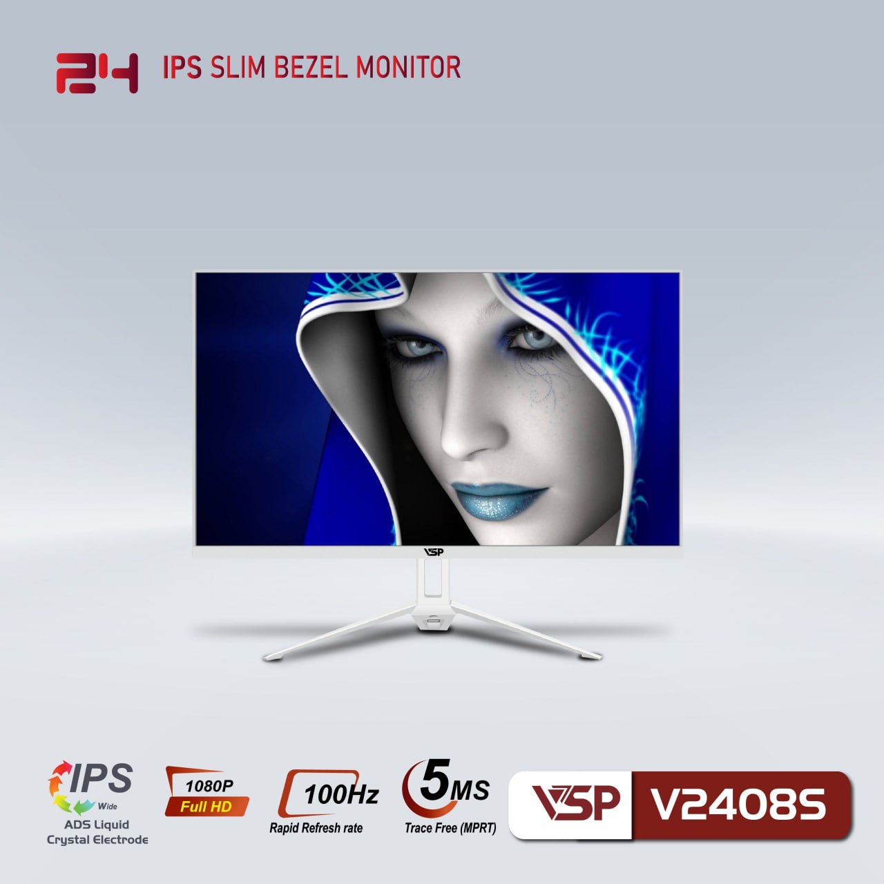 LCD 23.8'' VSP V2408S Chính hãng White (IPS- VGA, HDMI, 1920x1080, 100Hz, 3 cạnh viền mỏng, Kèm cáp HDMI, Treo tường) + Tặng Headphone EX220