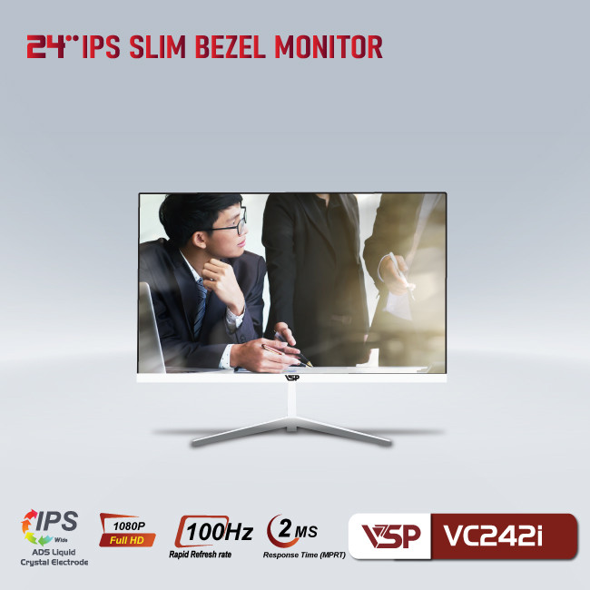 LCD 23.8'' VSP VC242i White Chính hãng (IPS- DP, HDMI, 1920x1080, 100Hz, 3 cạnh viền mỏng, Kèm cáp HDMI, Treo tường)