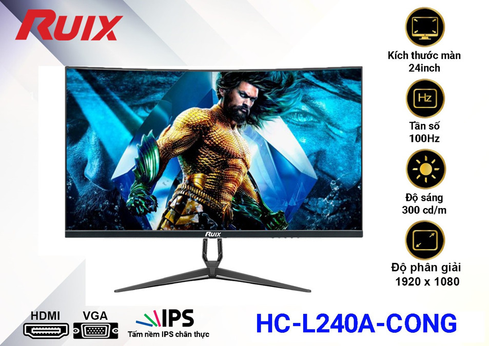 LCD 24” Cong RUIX HC-L240A Chính hãng (IPS - VGA, HDMI, 1920x1080, 100Hz, 3 cạnh viền mỏng, Kèm cáp HDMI, Dây nguồn 3.5m) + Tặng 1 Headphone 7.1 AAP 480