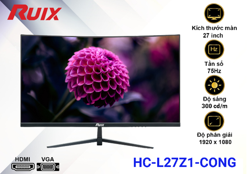LCD 27” Cong RUIX HC-L27Z1 Chính hãng (IPS - VGA, HDMI, 1920x1080, 75Hz, 3 cạnh viền mỏng, Kèm cáp HDMI, Dây nguồn 3.5m)+ Tặng Headphone 7.1 AAP 480