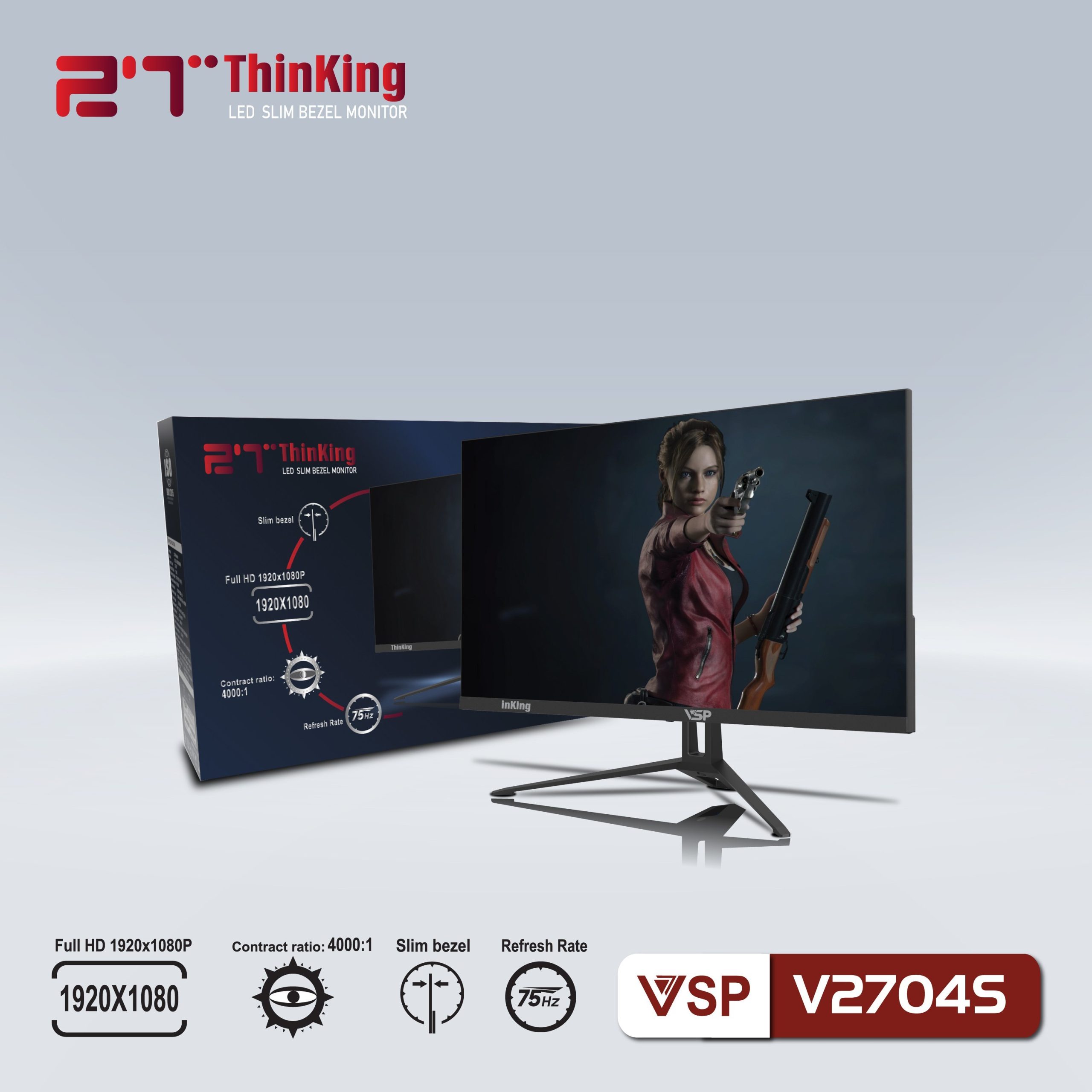 LCD 27'' VSP V2704S Black Chính hãng (IPS- VGA, HDMI, 1920x1080, 75Hz, 3 cạnh viền mỏng, Kèm cáp HDMI, Treo tường)