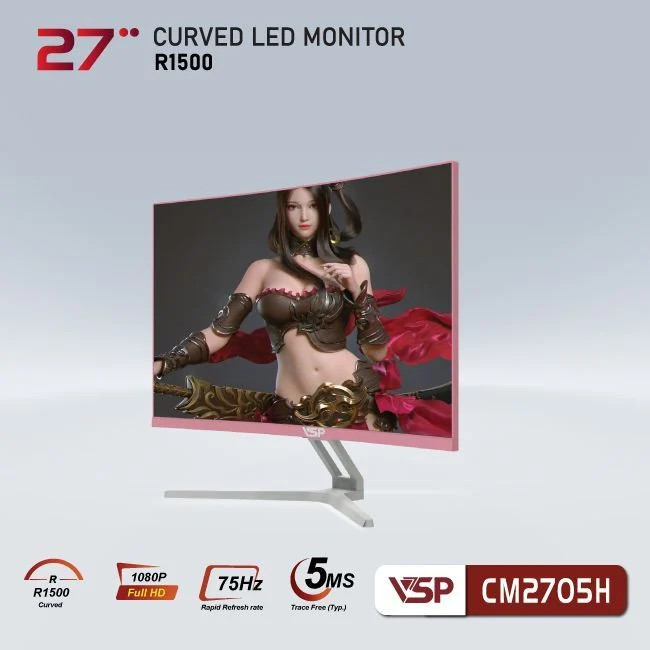 LCD 27” VSP CM2705H Pink Màn hình cong Chính hãng (VA - VGA, HDMI, 1920x1080, 75Hz, 3 cạnh viền mỏng, Kèm cáp HDMI, Treo tường)(Liên hệ nhân viên kinh doanh để được giá tốt hơn)
