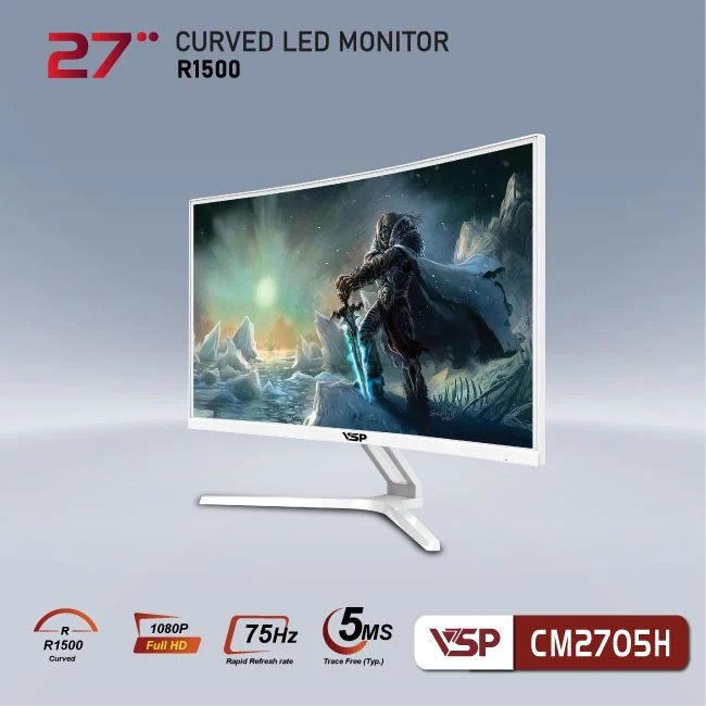 LCD 27” VSP CM2705H White Màn hình cong Chính hãng (VA - VGA, HDMI, 1920x1080, 75Hz, 3 cạnh viền mỏng, Kèm cáp HDMI, Treo tường)(Liên hệ nhân viên kinh doanh để được giá tốt hơn)