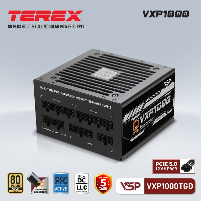 Nguồn CST VSP TEREX VXP1000TGD 1000W 80Plus GOLD (2x4+4pin, 2x6+2pin, Dây dài, Kèm dây nguồn)(Liên hệ nhân viên kinh doanh để được giá tốt hơn)
