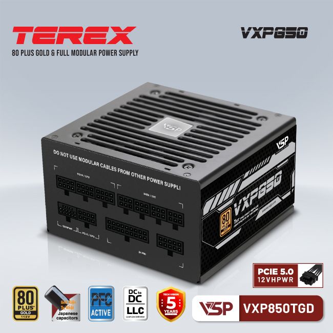 Nguồn CST VSP TEREX VXP850TGD 850W 80Plus GOLD (2x4+4pin, 2x6+2pin, Dây dài, Kèm dây nguồn)(Liên hệ nhân viên kinh doanh để được giá tốt hơn)