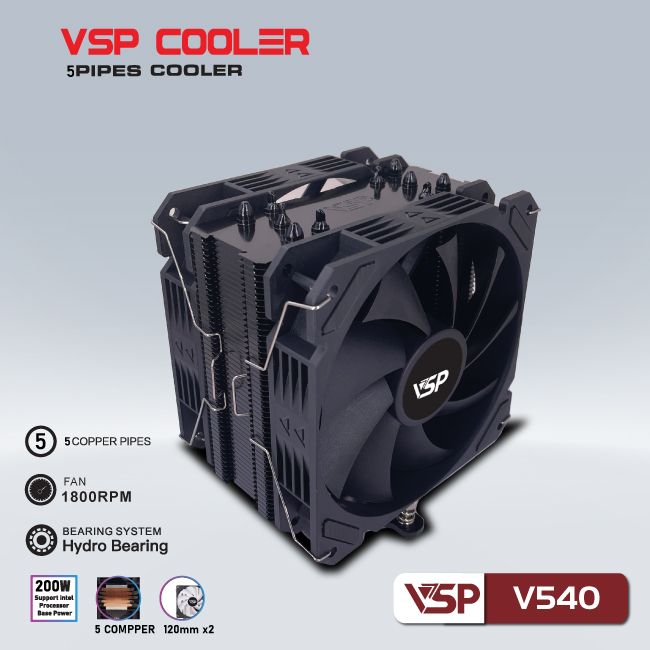 Tản nhiệt khí CPU 5 ống đồng VSP Cooler V540 LED ARGB 2 fan 12cm Black (115x/1200/1366/1700/AM3/AM4/AM5)