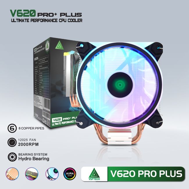 Tản nhiệt khí CPU 6 ống đồng VSP Cooler V620 PRO PLUS LED ARGB 1 fan 12cm Black (115x/1200/1366/1700/2011/AM3/AM4/AM5)