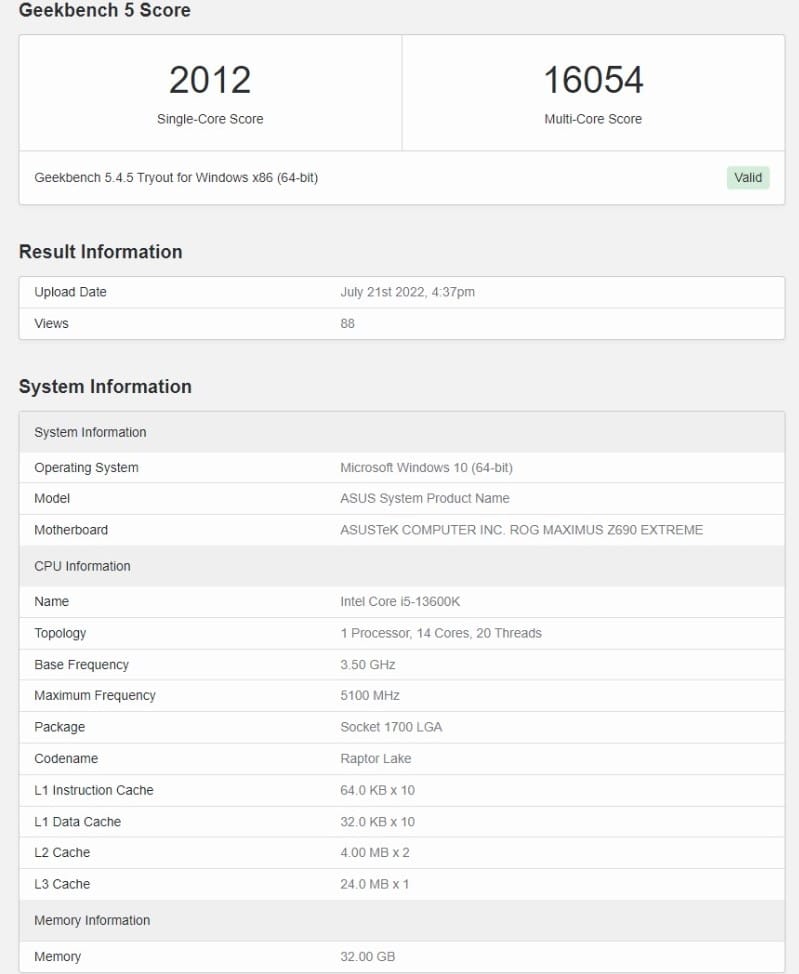 GeekBench của Intel Core i5-13600K