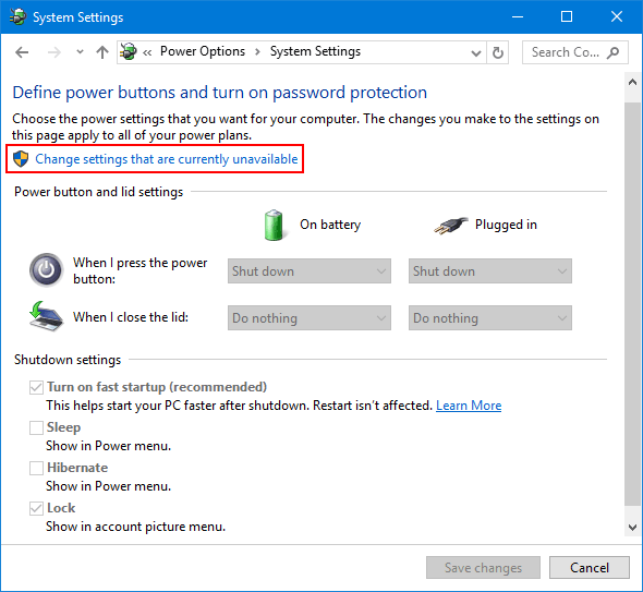 Chọn "Change settings that are currently unavailable