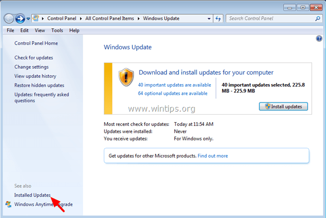 tìm và click chọn link Installed Updates ở khung bên trái