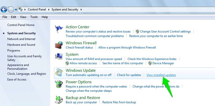 Chọn View installed updates